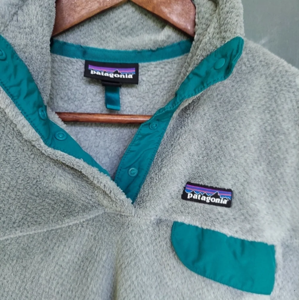 Patagonia Re-Tool Quarter Snap Teal and Gray Fuzzy  Fleece Jacket/Pullover
